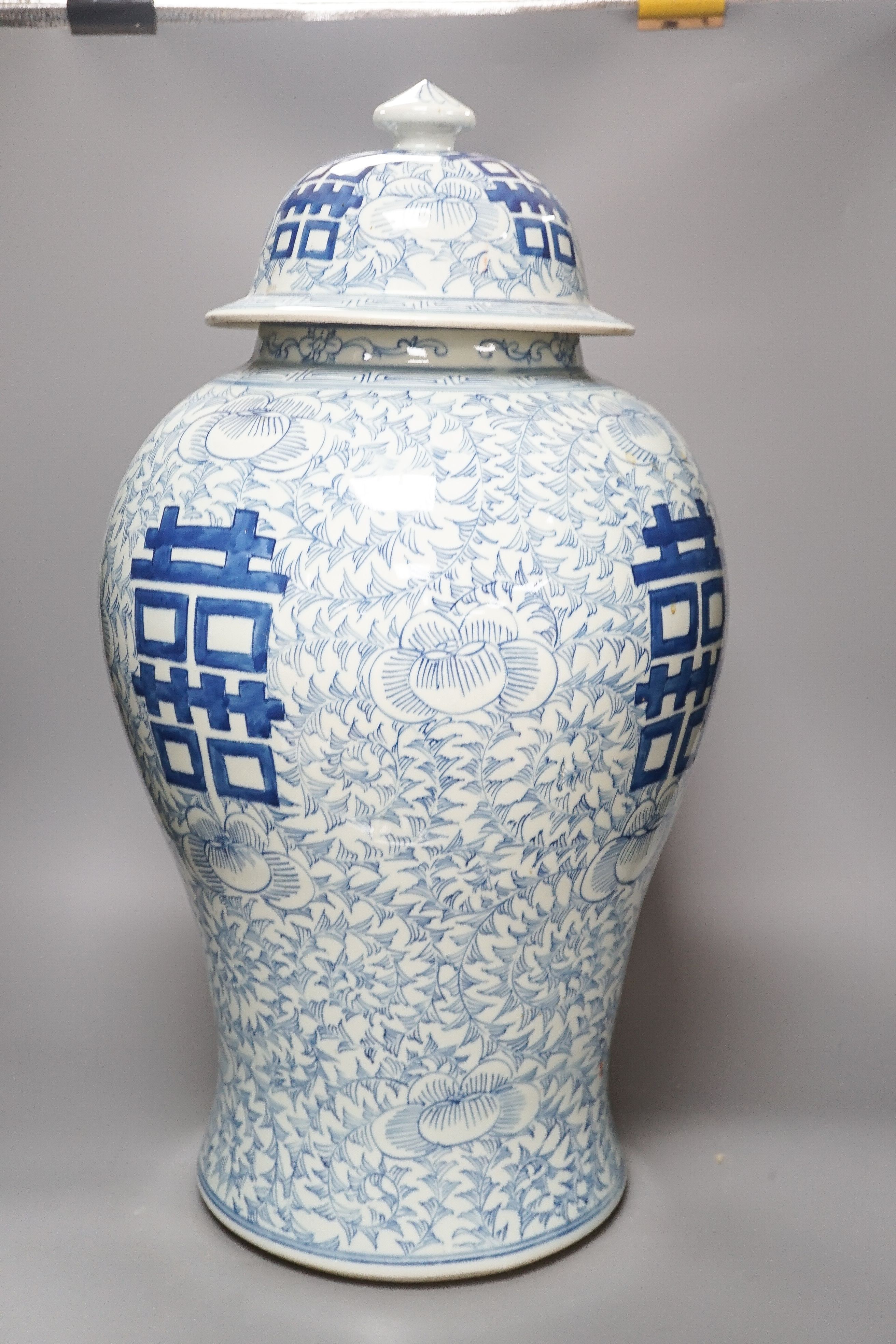 A large 19th century Chinese blue and white ‘Shou’ baluster vase and cover 60cm